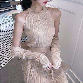 Plain Cardigan / Set: Plain Halter Top + Knit Skirt