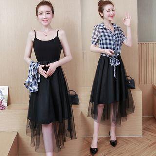Set: Short-sleeve Plaid Shirt + Spaghetti Strap Midi Mesh Dress