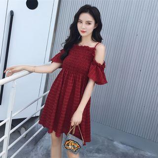 Frilled Short-sleeve Cold Shoulder A-line Dress