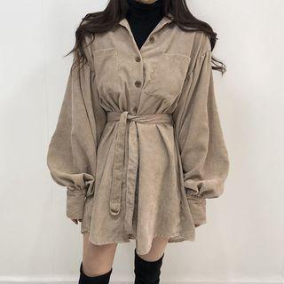 Lantern-sleeve Mini Corduroy A-line Dress