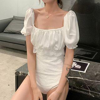 Puff-sleeve Lace Trim Swimsuit