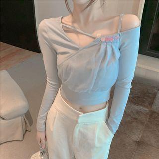 Long-sleeve Cutout Crop Top Airy Blue - One Size