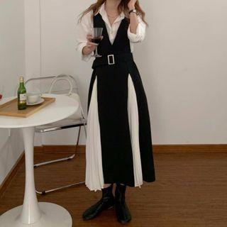 V-neck Sleeveless Color Block Pleated Dress