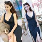 Glitter Deep V-neck Midi Sheath Tank Dress