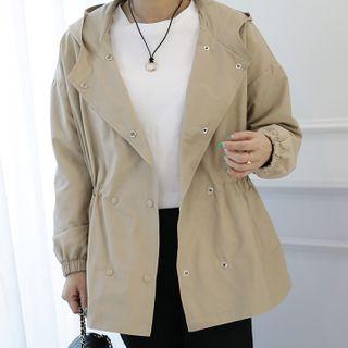 Double-breasted Drawstring-waist Hooded Jacket