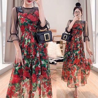 Elbow-sleeve Floral Mesh Midi Dress