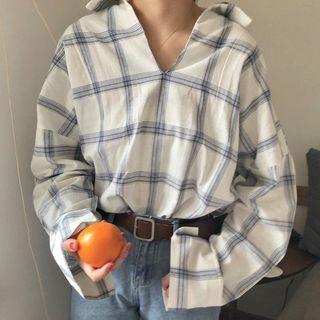 Plaid V-neck Blouse Plaid - Blue & White - One Size