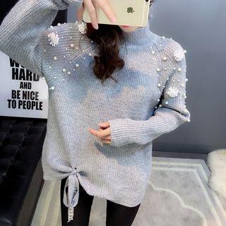 Mock-neck Faux-pearl Detail Sweater