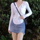 Long-sleeve Applique T-shirt / Distressed Mini Pencil Skirt / Set