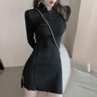 Side Slit Long-sleeve Mini Knit Dress Black - One Size