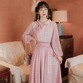 Collared Fringed Long-sleeve Maxi A-line Dress