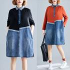 Long-sleeve Mock Two-piece Loose-fit Denim Dress