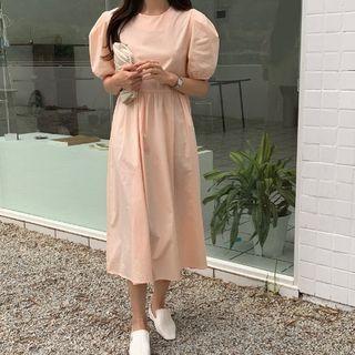 Puff-sleeve Plain Dress / Contrast Trim Shawl