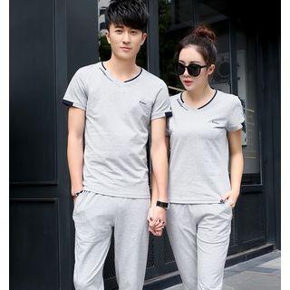 Set: Couple Matching Short Sleeve V-neck T-shirt + Sweatpants