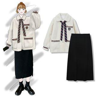 Fluffy Buttoned Jacket / Midi Skirt
