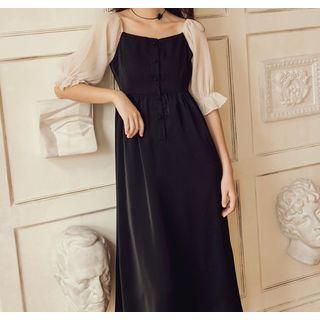 Elbow-sleeve Chiffon Paneled A-line Midi Dress