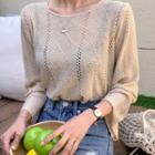 Wide-sleeve Cropped Pointelle-knit Top