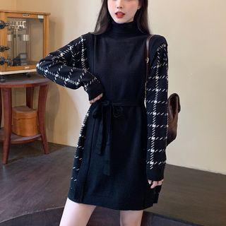 Mock-neck Plaid Panel Mini Sweater Dress