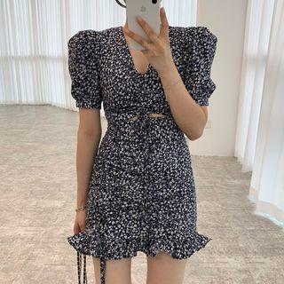 Puff Sleeve V-neck Floral Cutout Mini Sheath Dress