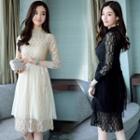 Long-sleeved Tie-waist Crewneck A-line Slim Lace Long Sheath Dress