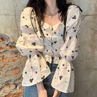 Bell-sleeve Floral Print Blouse Black Floral Print - White - One Size
