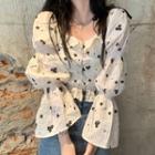 Bell-sleeve Floral Print Blouse Black Floral Print - White - One Size