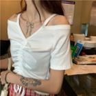 V Neck Drawstring Plain Skinny Off Shoulder Crop Top