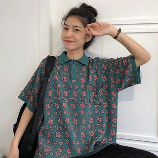 Elbow-sleeve Floral Placket Top