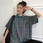 Elbow-sleeve Floral Placket Top