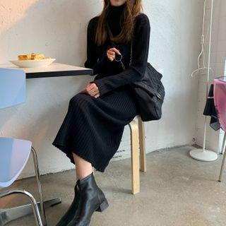 Long-sleeve Turtleneck Knit Midi Dress Black - One Size
