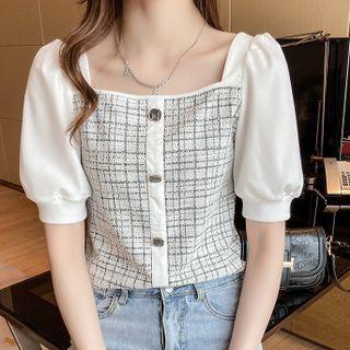 Square-neck Plaid Panel Blouse