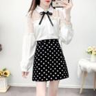 Set: Mesh-panel Bow-accent Shirt + Dotted Skirt