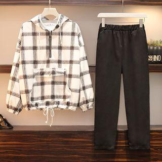 Set: Plaid Drawstring Hoodie + Straight-cut Pants