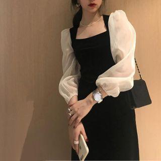 Square-neck Two-tone Panel Midi Sheath Dress