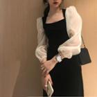 Square-neck Two-tone Panel Midi Sheath Dress