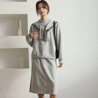 Set: Pullover + Striped Cape + Midi A-line Skirt