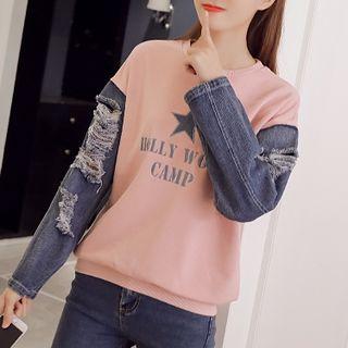 Print Denim Panel Long-sleeve Sweatshirt