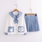 Sailor Collar Cat Print Jacket / Pleated Mini A-line Skirt / Set