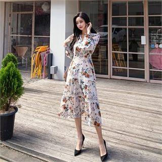 Tie-neck Floral Print Tiered Dress