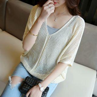 Elbow-sleeve Open Knit Sweater