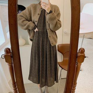 Plain Cardigan / Long-sleeve Flower Print Midi A-line Dress