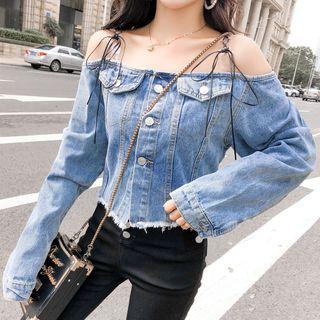 Cold Shoulder Denim Top As Shown In Figure - One Size
