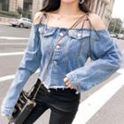 Cold Shoulder Denim Top As Shown In Figure - One Size