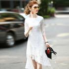 Diagonal Hem 3/4-sleeve Lace Dress