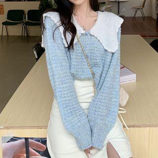 Peter Pan Collar Contrast Loose Fit Knit Top Blue - One Size