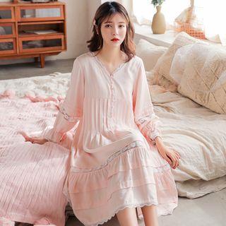 Lace Trim Long-sleeve Midi A-line Sleep Dress