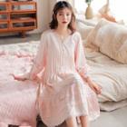 Lace Trim Long-sleeve Midi A-line Sleep Dress