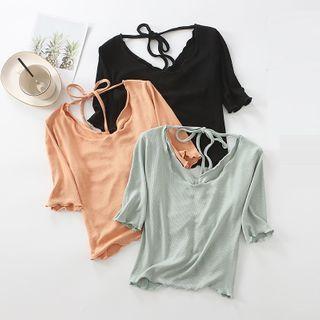 Ruffle Trim Open-back Short Sleeve T-shirt