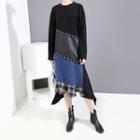 Long-sleeve Denim Panel Midi Knit Dress Black - One Size