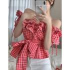 Checkerboard Off-shoulder Ruffled Crop Blouse With Sash Pink - One Size